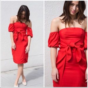 LPA  Dress 146 In Red Off The Shoulder Midi Dress Size M